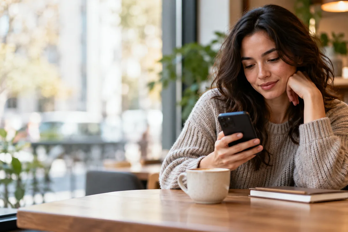A person using a smartphone at a cafe table beside a window.